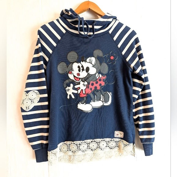 DISNEY PARKS Navy Blue Striped Mickey & Minnie Sweatshirt Hoodie Lace Trim