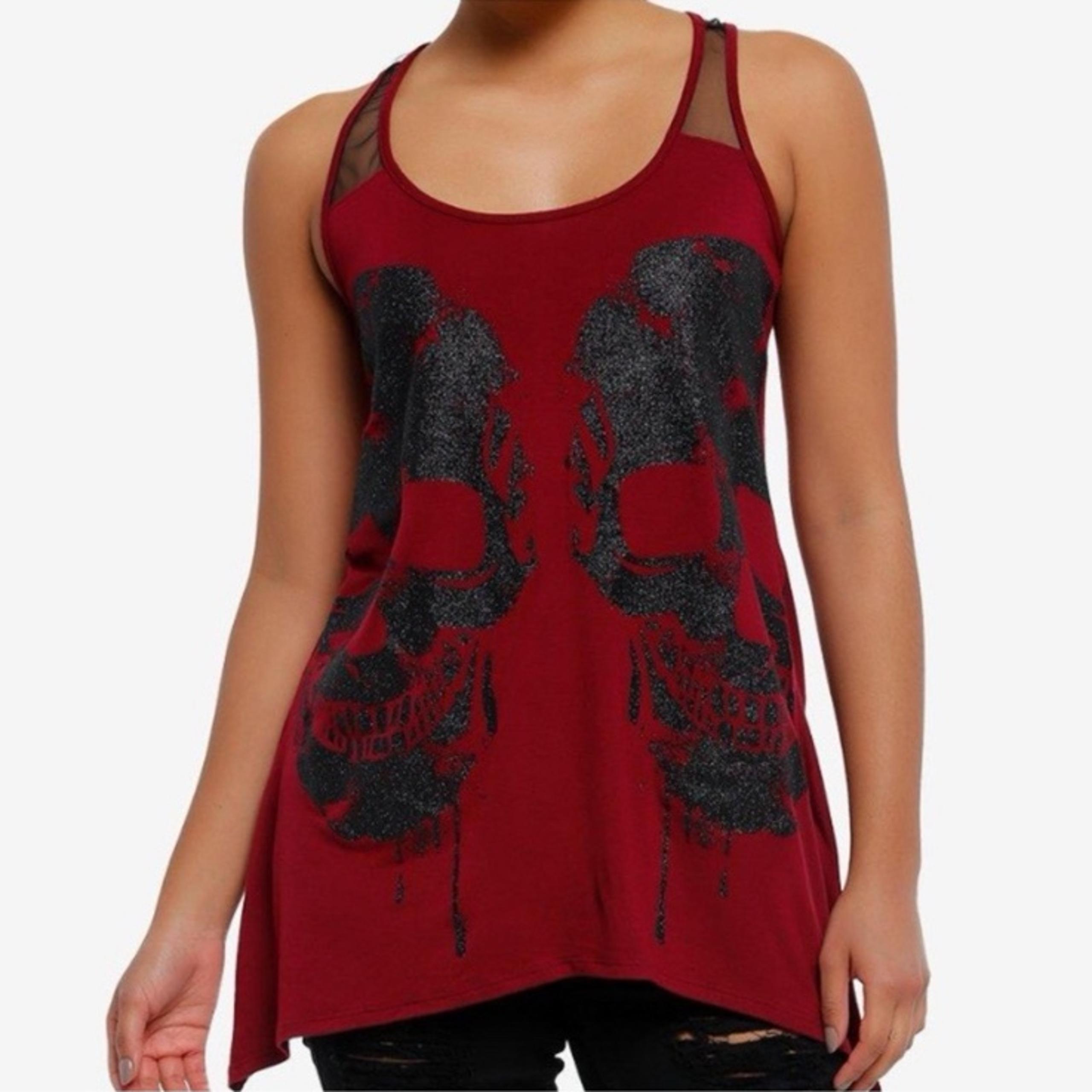 Midnight Hour Burgundy Glitter Skull Shark Bite Tank Top Hot Topic Halloween
