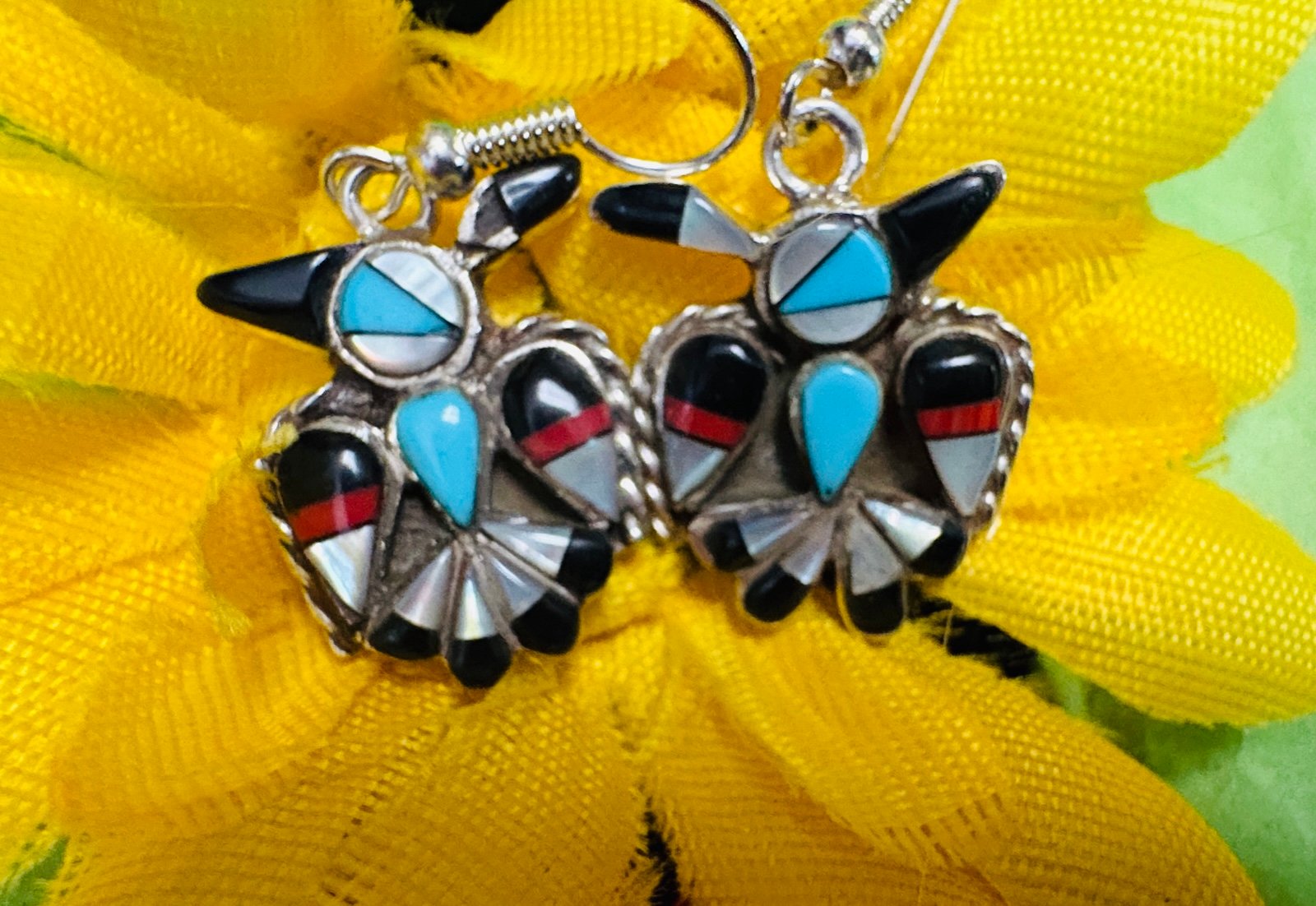 Zuni Sterling Turquoise Coral Onyx Thunderbird Earrings #898 signed