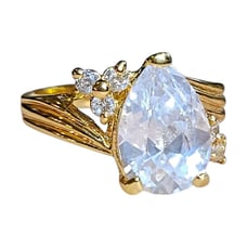 Vintage 18K GE Ring Huge Sparkle Pear CZ Surrounded by Round CZ Statement Size 9