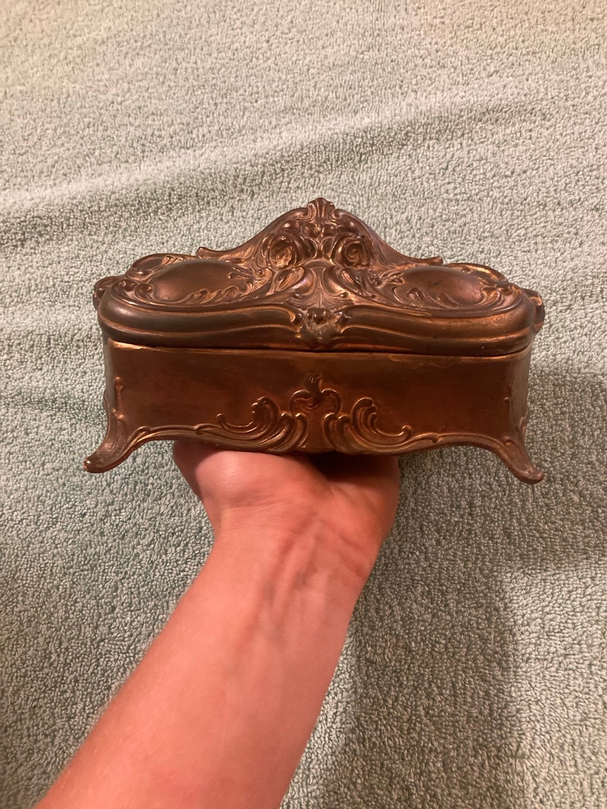 Antique Art Nouveau gold foiled lead Keepsake Jewelry Trinket Box Casket