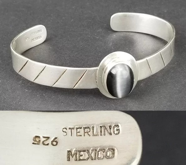 vintage sterling silver 925 cuff bracelet Mexico Black Cats Eye Taxco ESTATE
