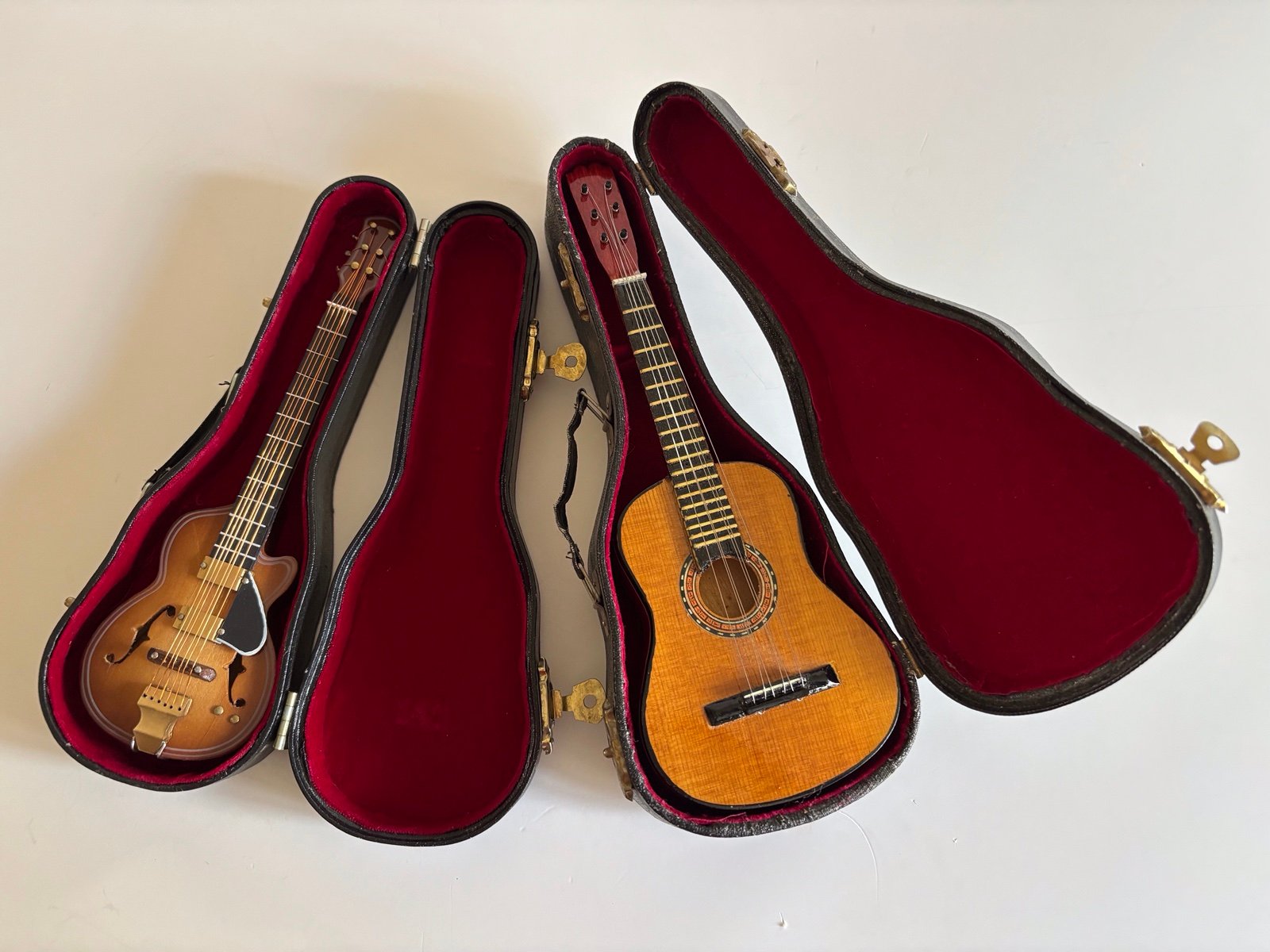 2 Vintage Mini Guitars, Electric And Acoustic With Cases And 1 Stand