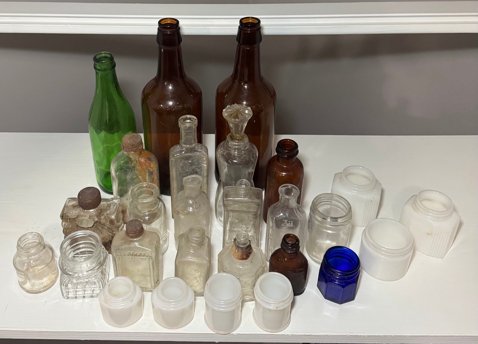 Lot Of 21 Antique Glass Bottles amber, blue, clear, milk glass