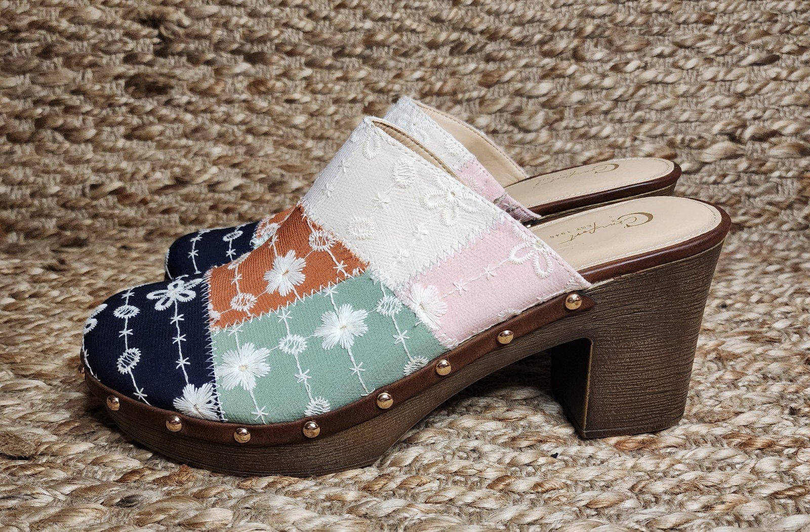 Womens Clogs Platform Studded Embroidered Floral Wooden Sample Shoes Size 10 M