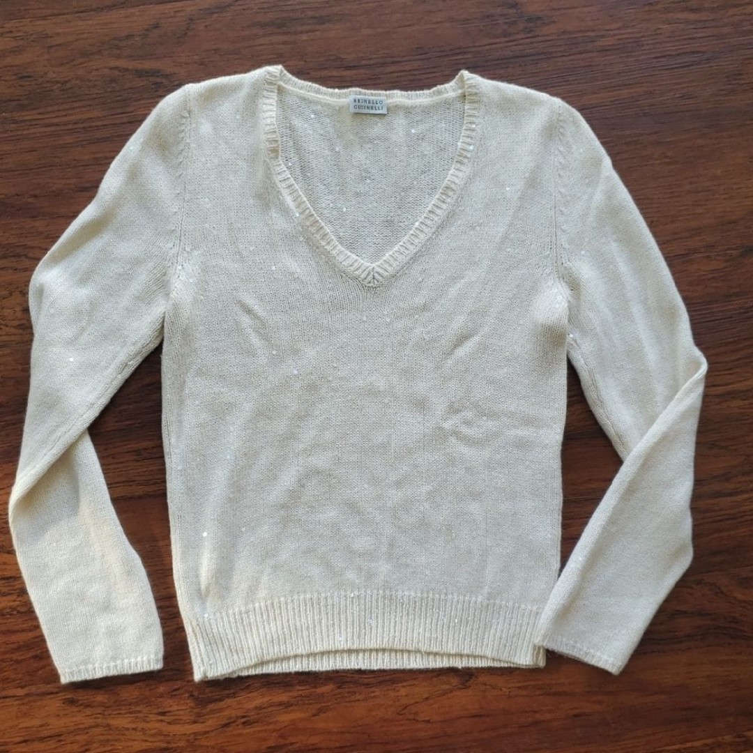 Brunello Cuccinelli Women's Cream Sequined Cashmere Blend Sweater Size Small
