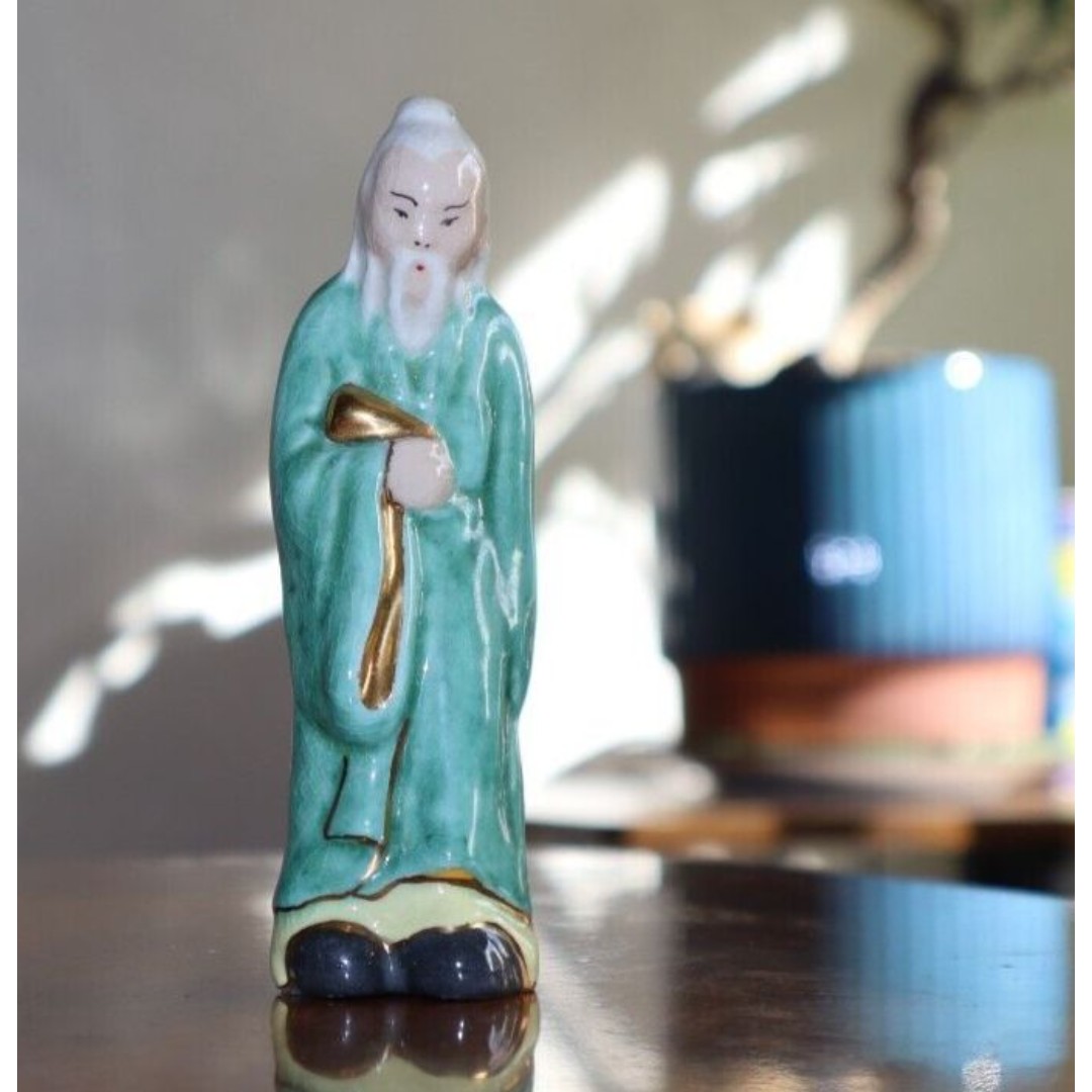 Vintage Chinese Glazed Pottery Mud Man Figurine 4.5 1940's Old Sage Robe Gold
