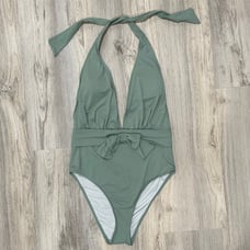 We Wore What Sage Green Brooklyn Halter One Piece Swimsuit Plunge Bow Size L
