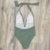 We Wore What Sage Green Brooklyn Halter One Piece Swimsuit Plunge Bow Size L