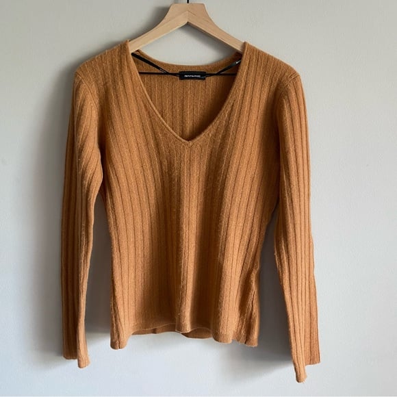 Naadam Came Brown Rib Knit V Neck Pull Over 100% Cashmere Sweater Small EUC