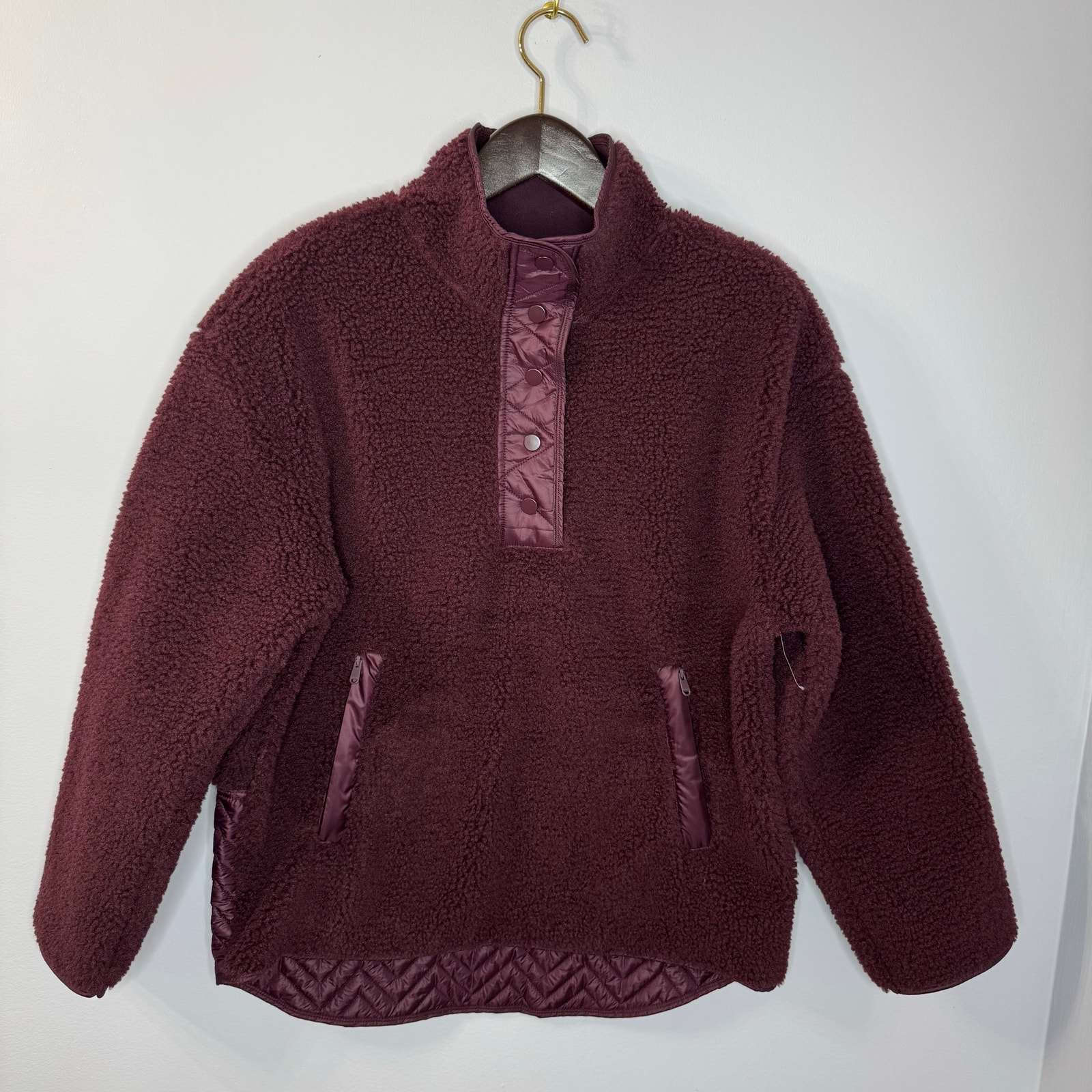 Athleta Cozy Oversized Sherpa Snap Jacket Sweatshirt Burgundy Sz L