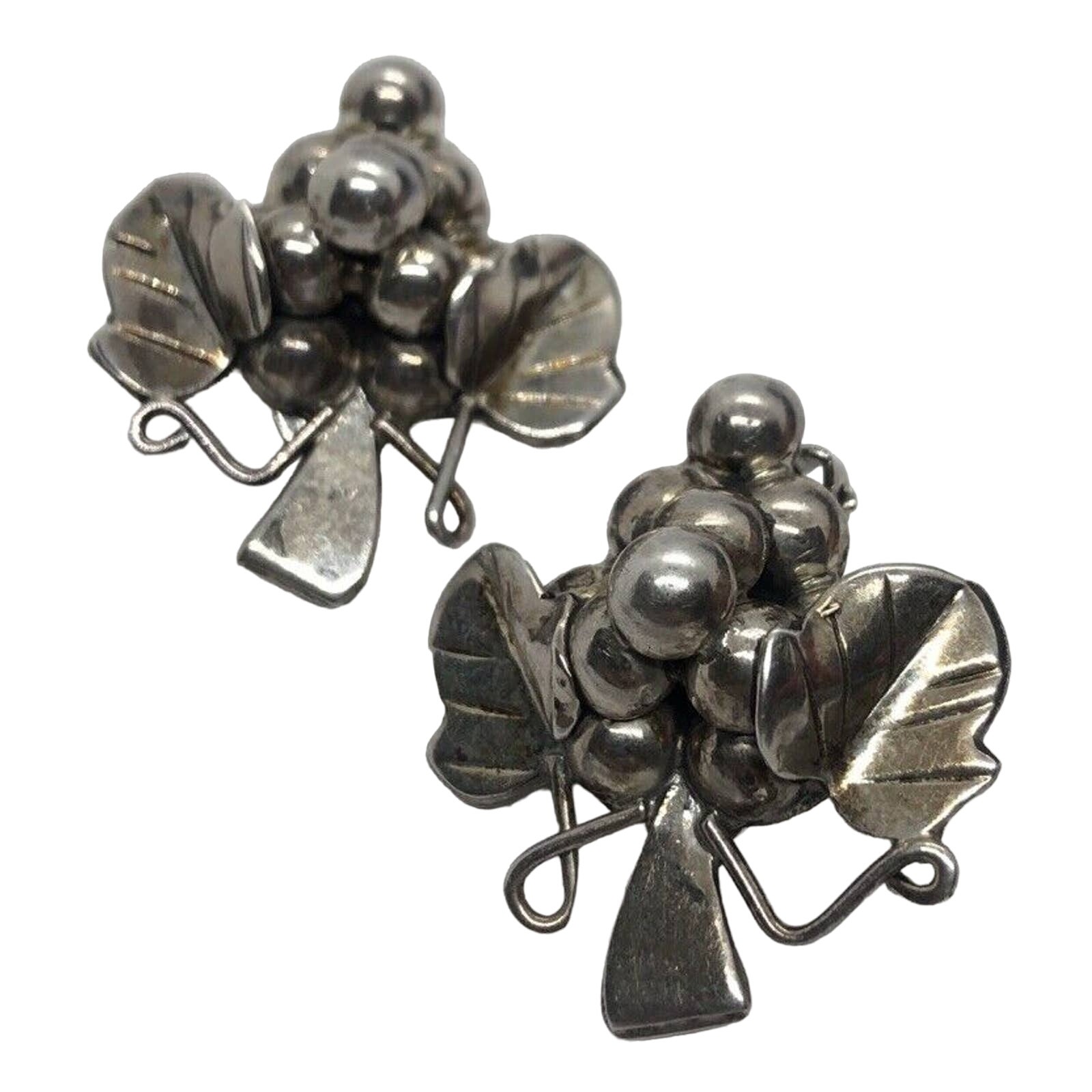 Vintage Sterling Silver Earrings 925 Taxco Mexico Clip On Grape Cluster Wine