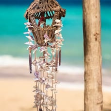 Vintage Handcrafted Seashell Driftwood Twig Birdhouse Wind Chime Coastal 36”￼