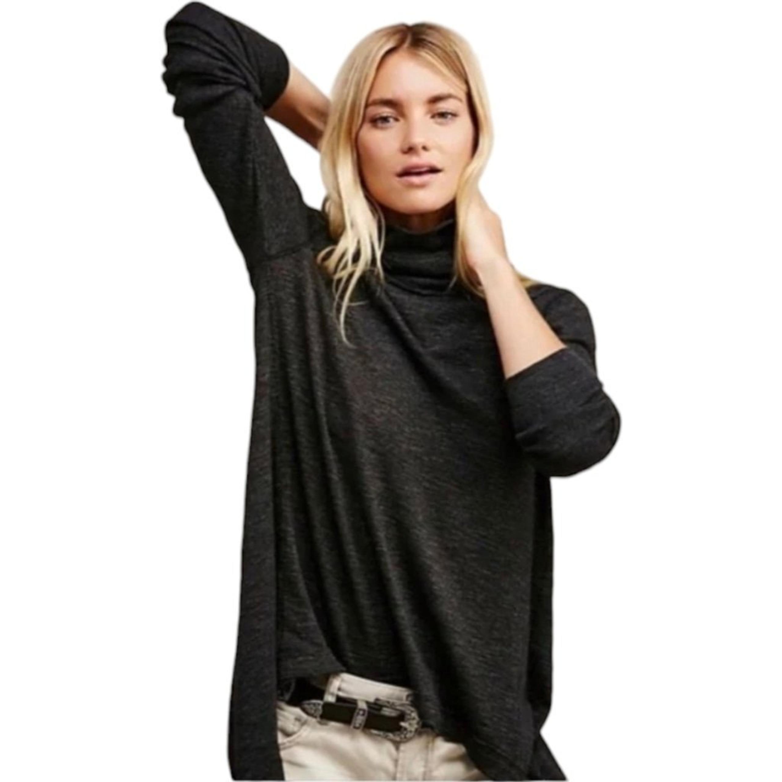 We The Free Split Back Raw Seamed Slouchy Turtleneck Rib Tunic Charcoal Gray S