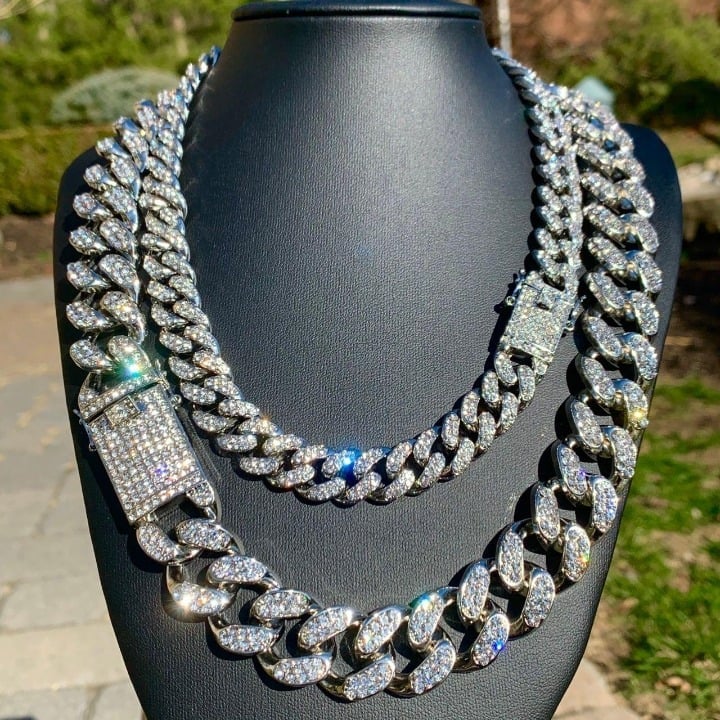 Cuban Link Chain Set Iced White Gold