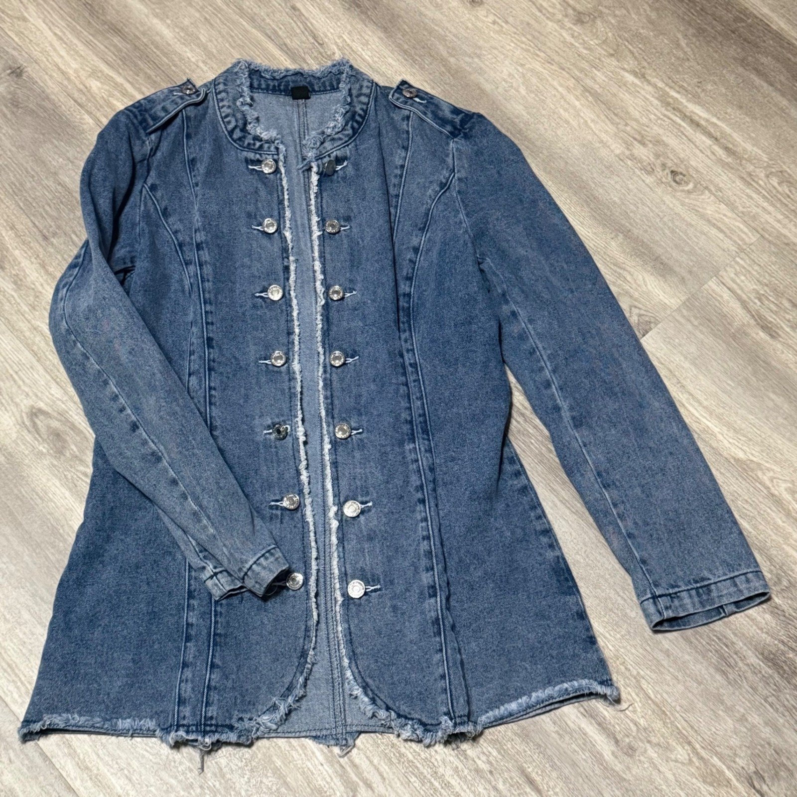 Shein Denim Jean Military Jacket Frayed Edges Silver Buttons Women's Size L
