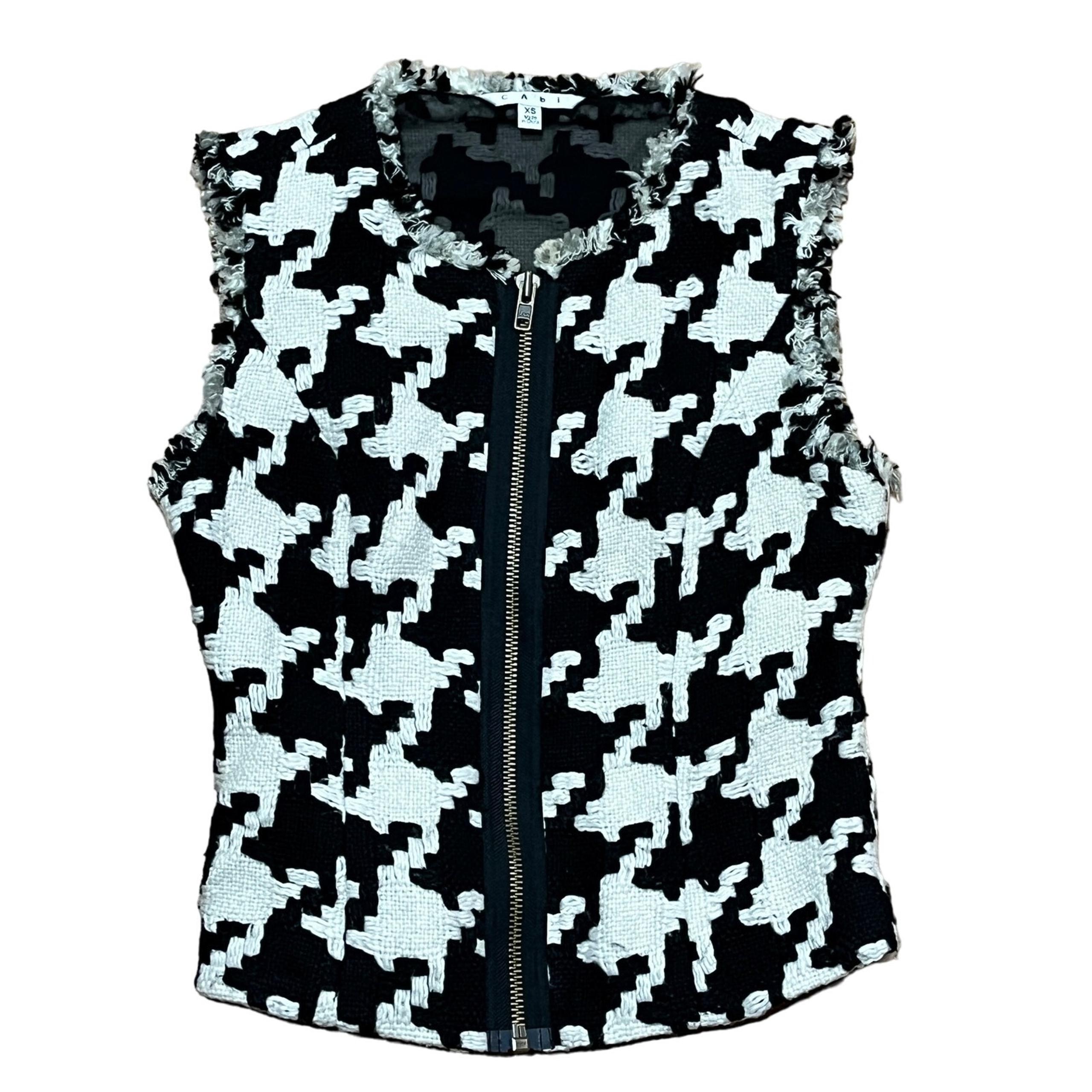 CAbi Houndstooth Vest Style 213 Women's XS Black White Fringe Lined