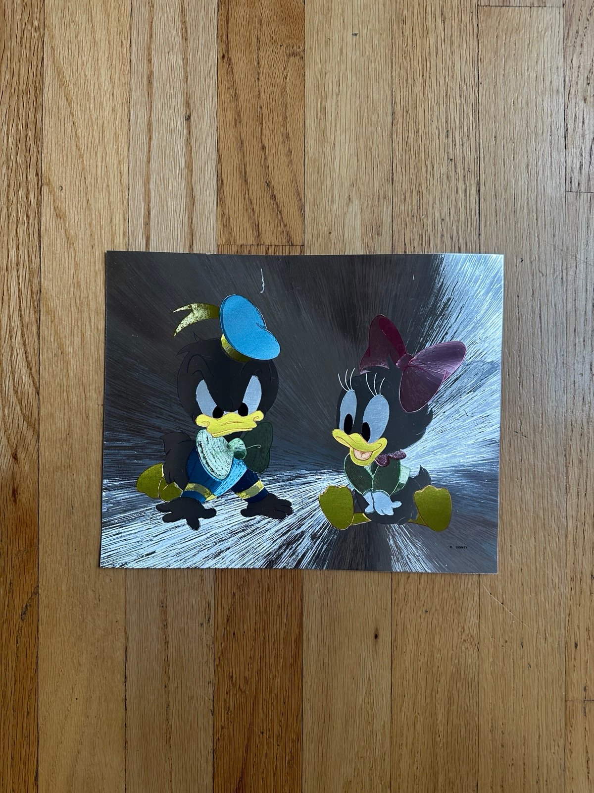 Vintage Walt Disney Foil Art Framed Baby Donald And Daisy Duck