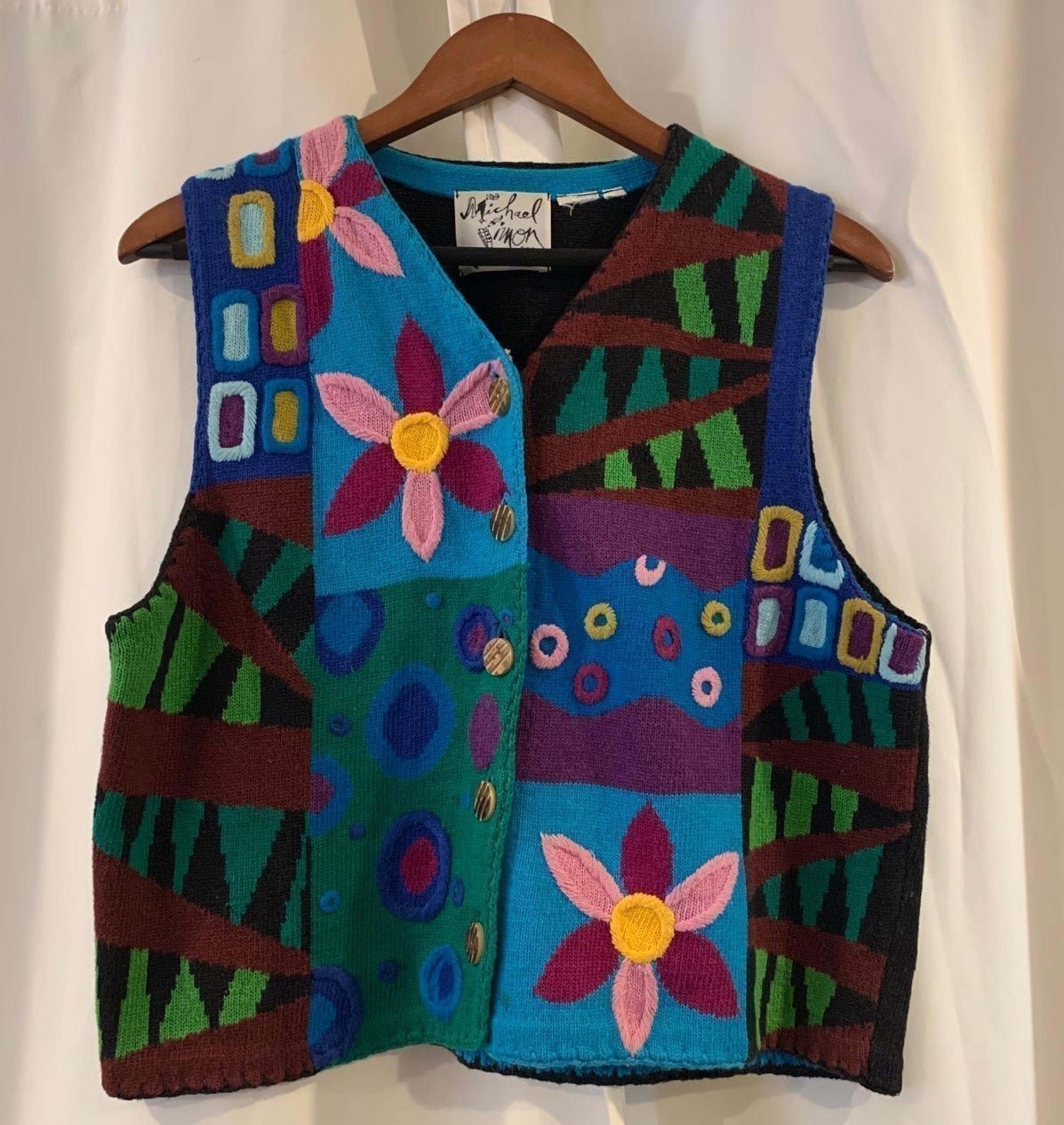 Michael Simon New York Embroidered Vest Bright Colors Flowers Circles