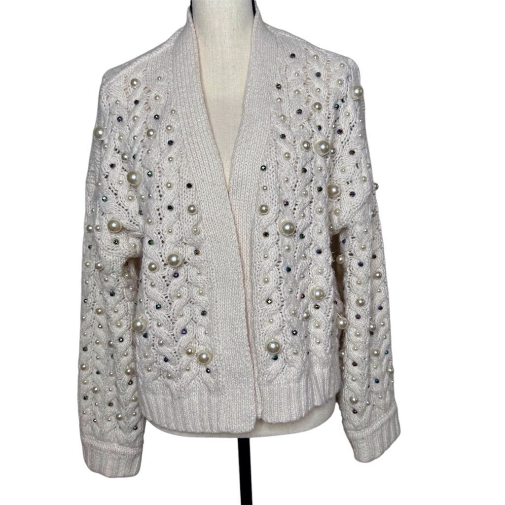 Anthropologie Embellished Pearl and Rhinestone Open Front Cream Cardigan
