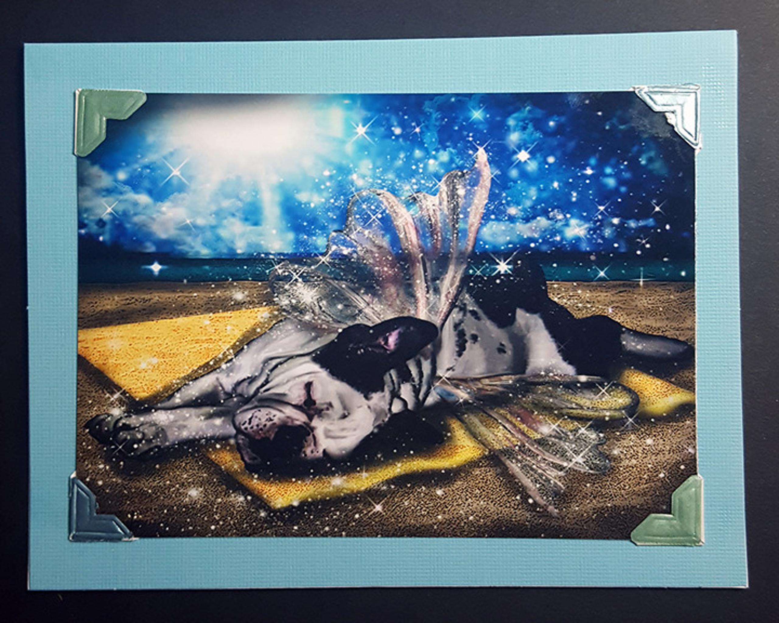 English Bulldog Puppy on Beach, Pet Loss Angel Card Hand-Assembled Original Art