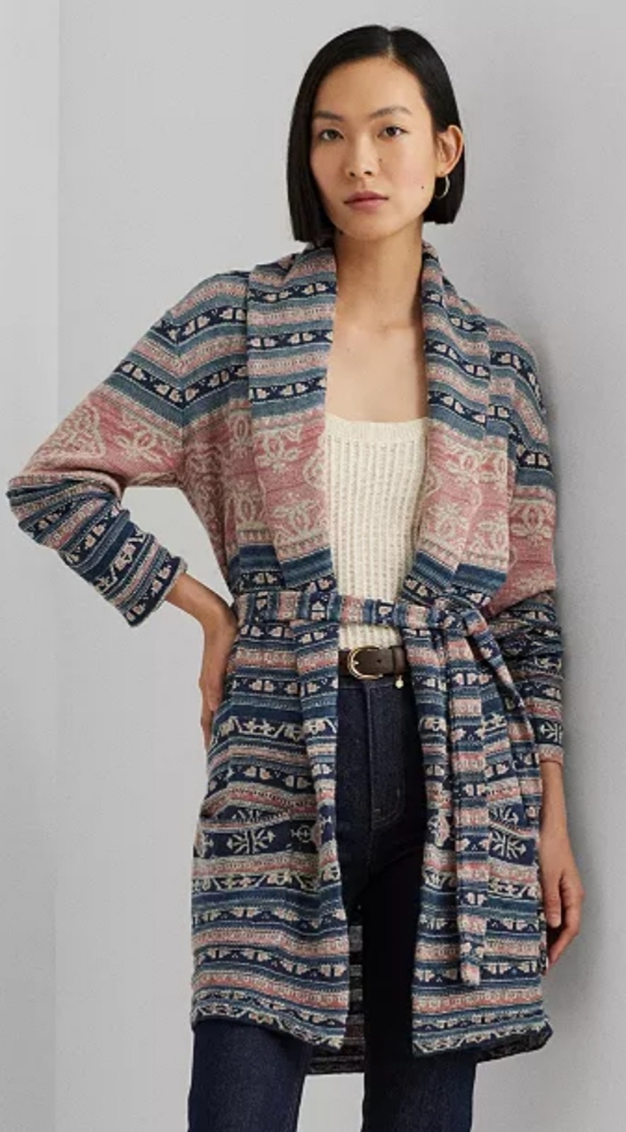 LRL Women's Geo-Motif Belted Linen-Cotton Cardigan.