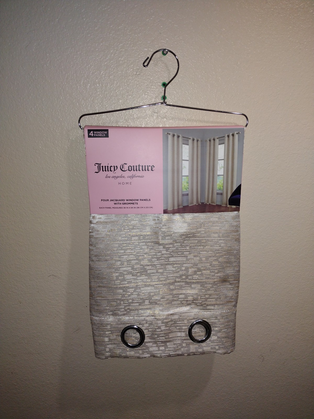 JUICY COUTURE FOUR JACQUARD WINDOW PANELS WITH GROMMETS BEIGE GOLD X4 NEW