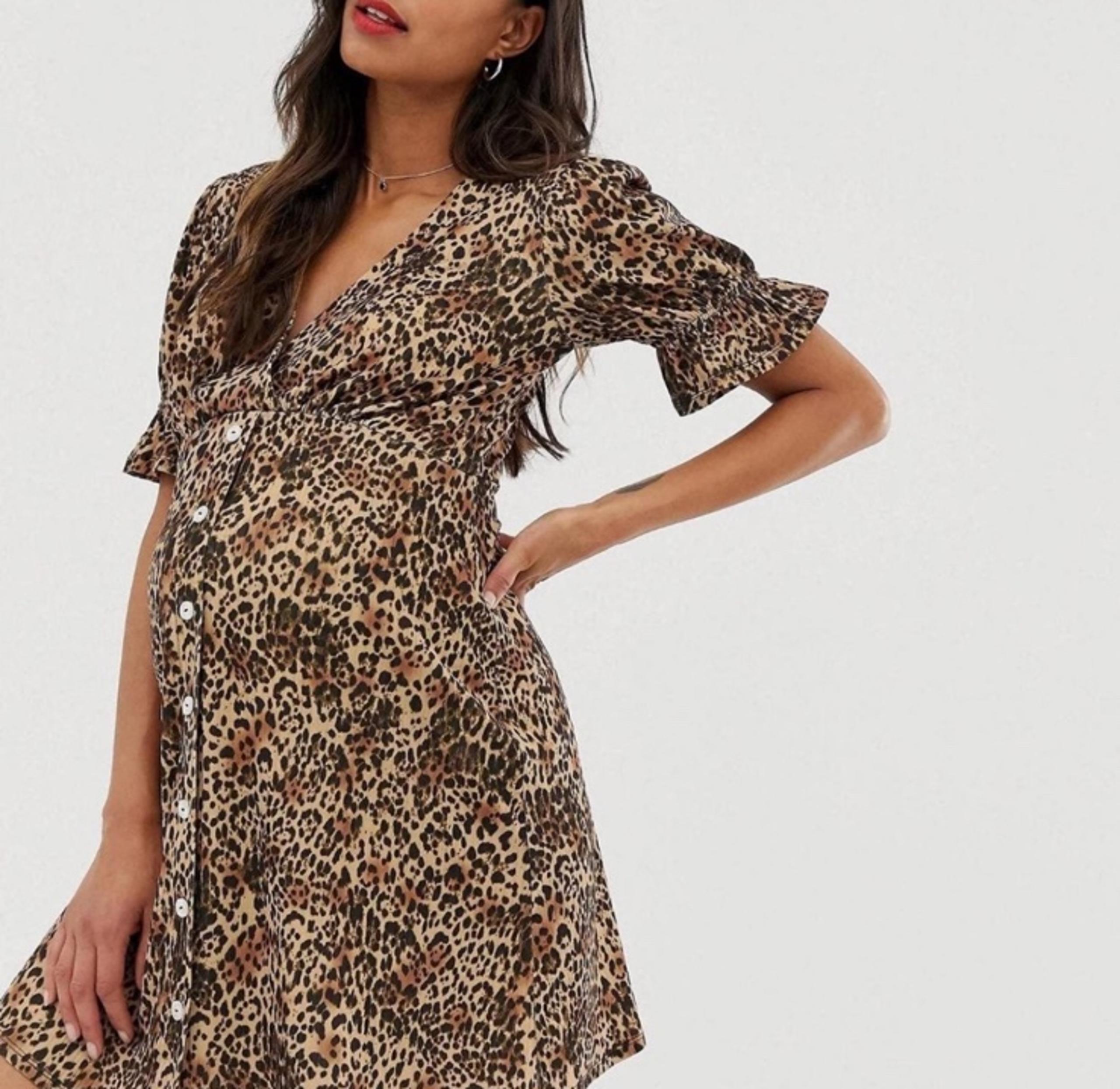 Asos Design Maternity button through rib tea dress with puff sleeve in animal pr