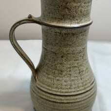 Vintage stoneware pottery pitcher Green beige brown large Stamped