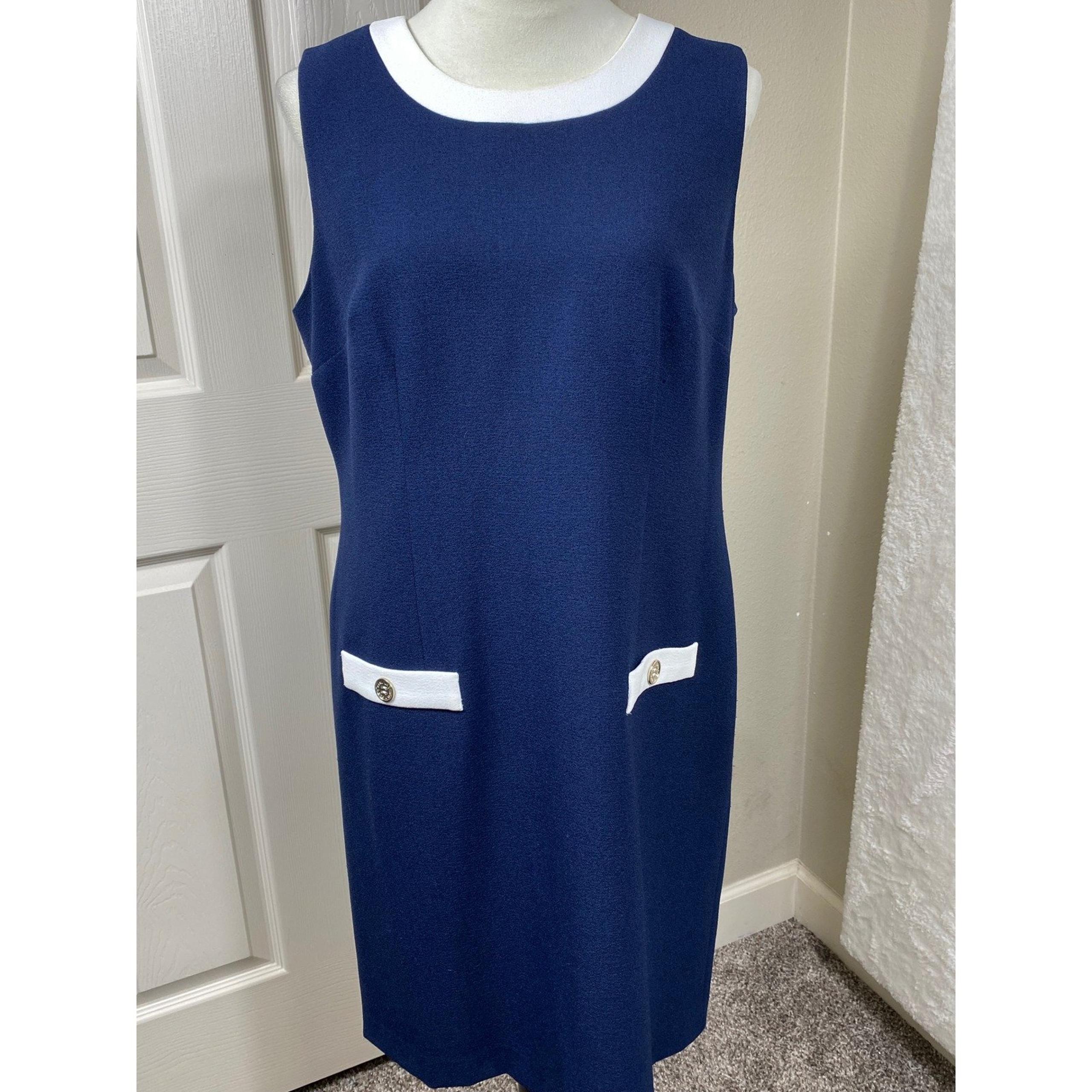 Karl Lagerfeld Sheath Dress Sleeveless White Trim Pockets Career Navy 12