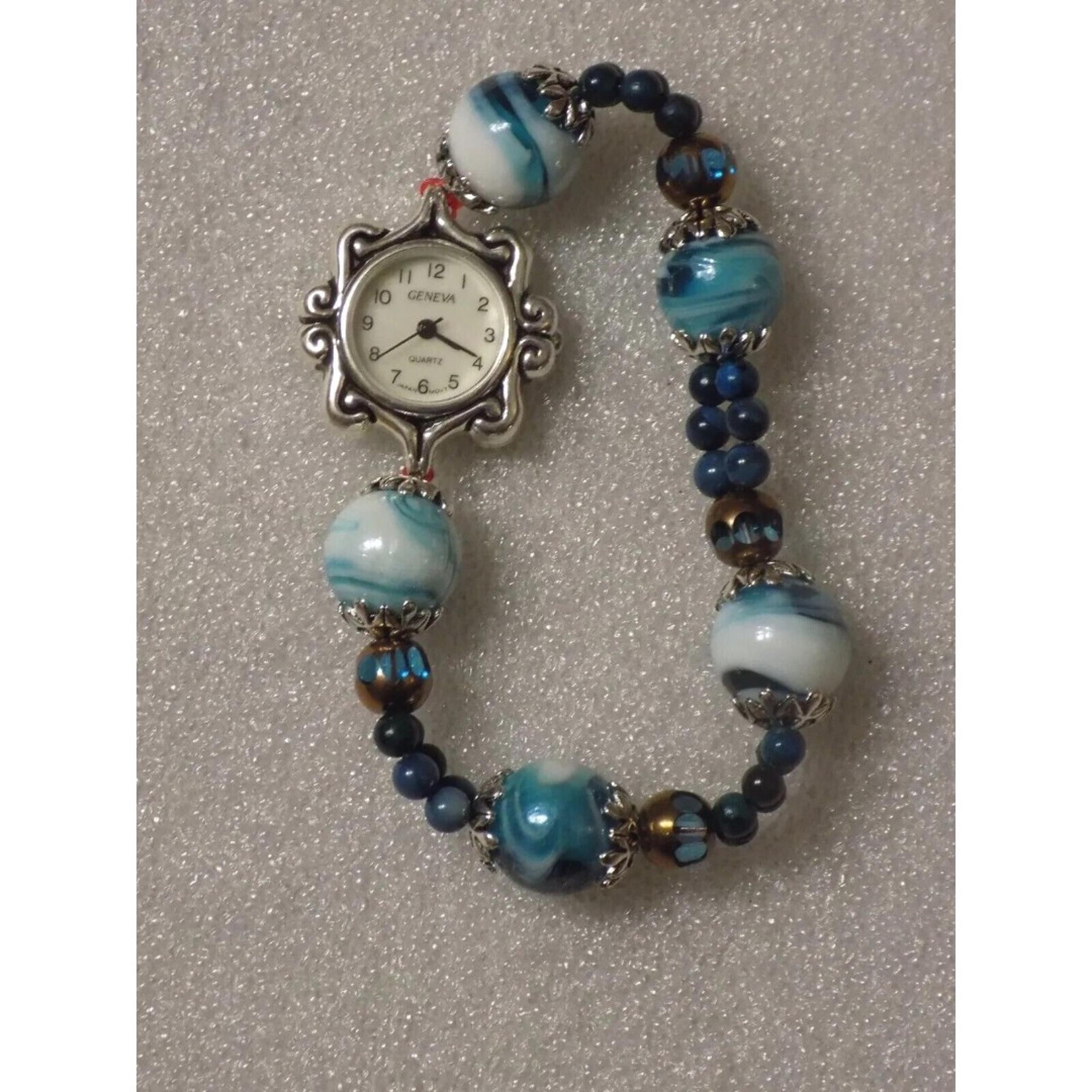 Blue/White Swirled Glass Beaded Geneva Quartz Women's Wrist Watch 9" Handmade
