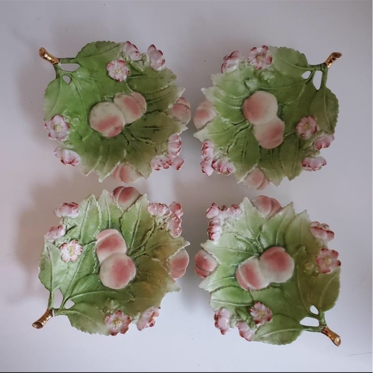 Vintage Antique 1900 Rare British Dish Plate Set Peach Flower Leaf
