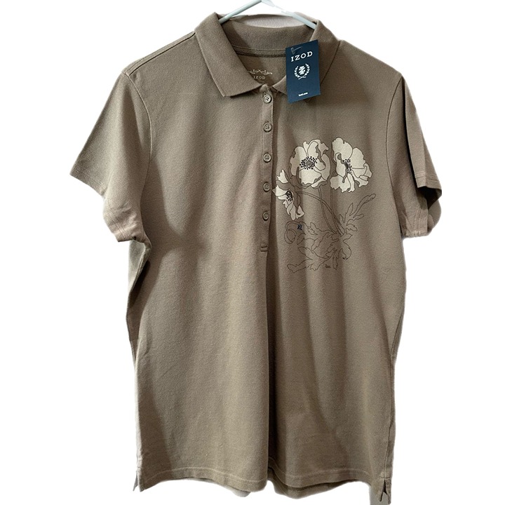 Izod Women’s Size XL Floral Tan Latte Polo Shirt NEW