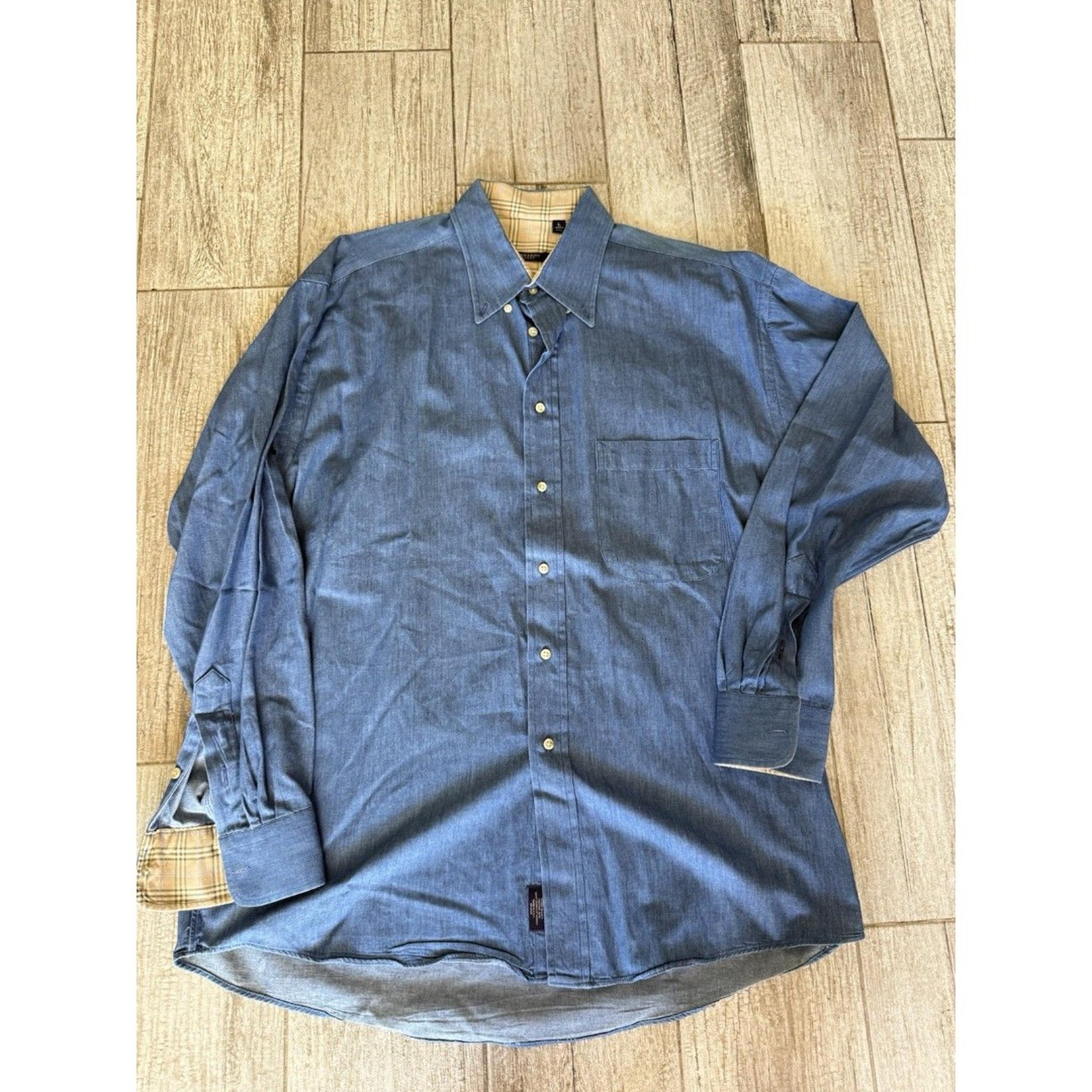Vintage Burberry Men’s Blue Washed Denim With Plaid Nova Check  Shirt Size L