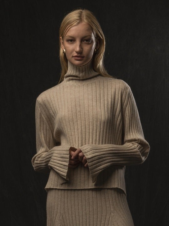 Purecashmere NYC Turtleneck Rib Sweater Oatmeal Cashmere Size XS/S