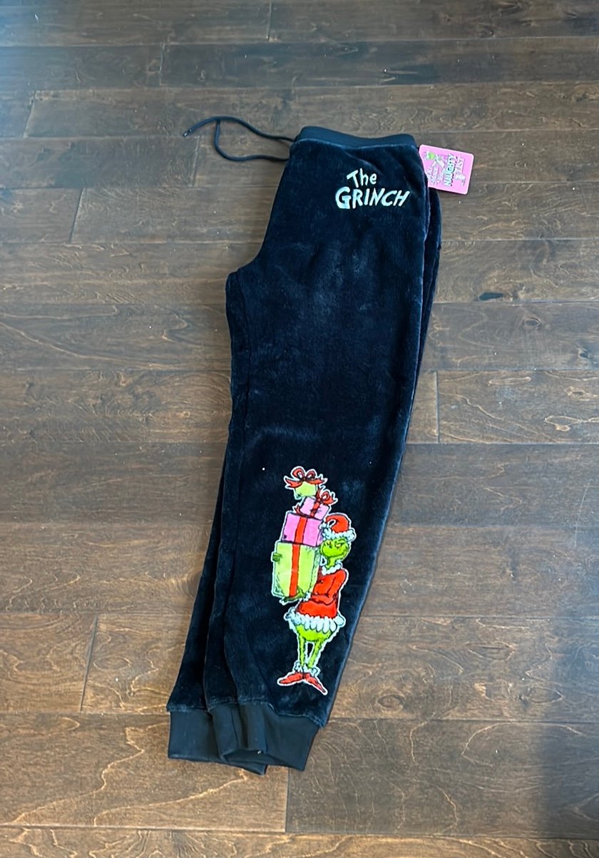 The Grinch With Gifts Black Jogger Sweatpants Women’s Sz M New Velour