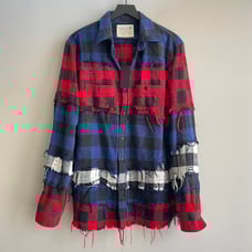 R13 Pieced Navy Red Ecru Buffalo Plaid Button Up Shirt Size Large NWT