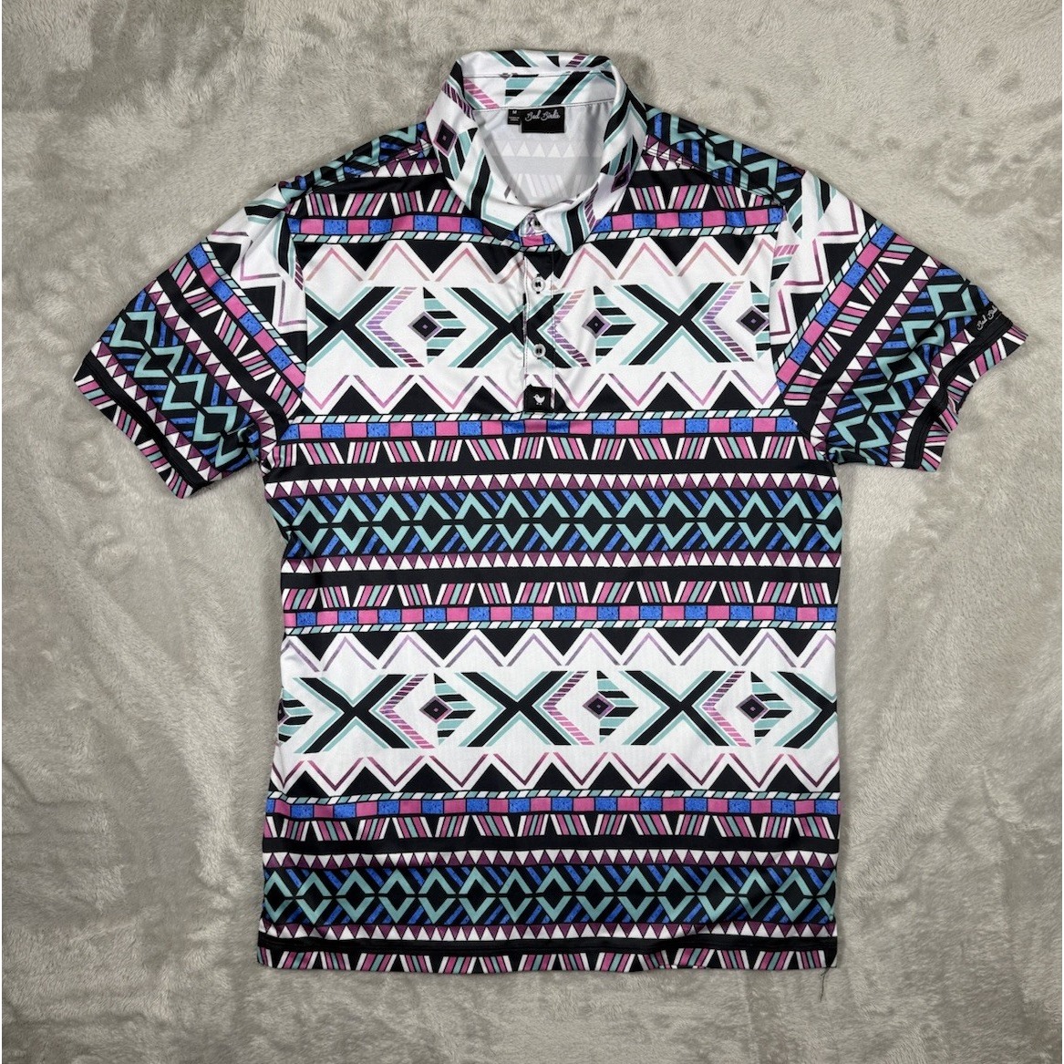 Bad Birdie Polo Shirt Mens Medium Multi Tribal All Over Golf Performance Casual