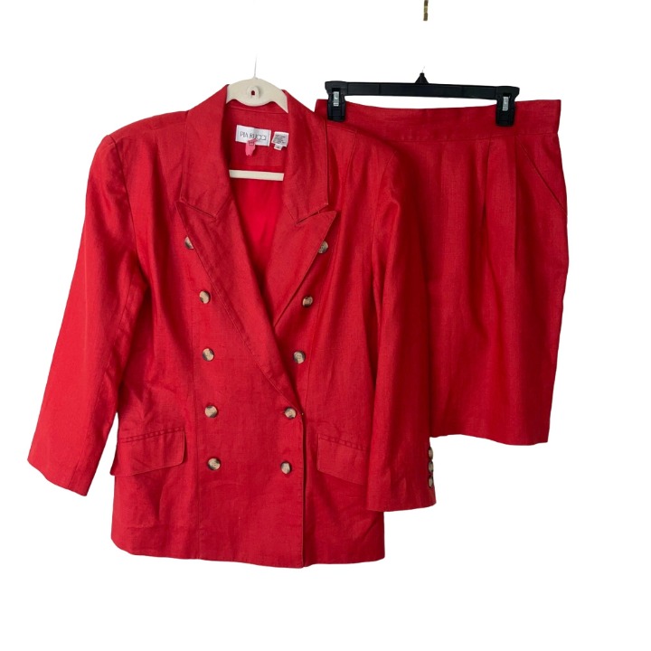 Pia Rucci Womens Linen Skirt Suit Size 10 Vintage Red Double Breasted Pockets