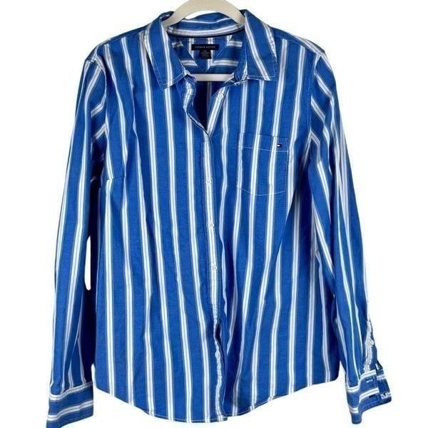Tommy Hilfiger Blue Vertical Stripe Button Down Blouse XXL