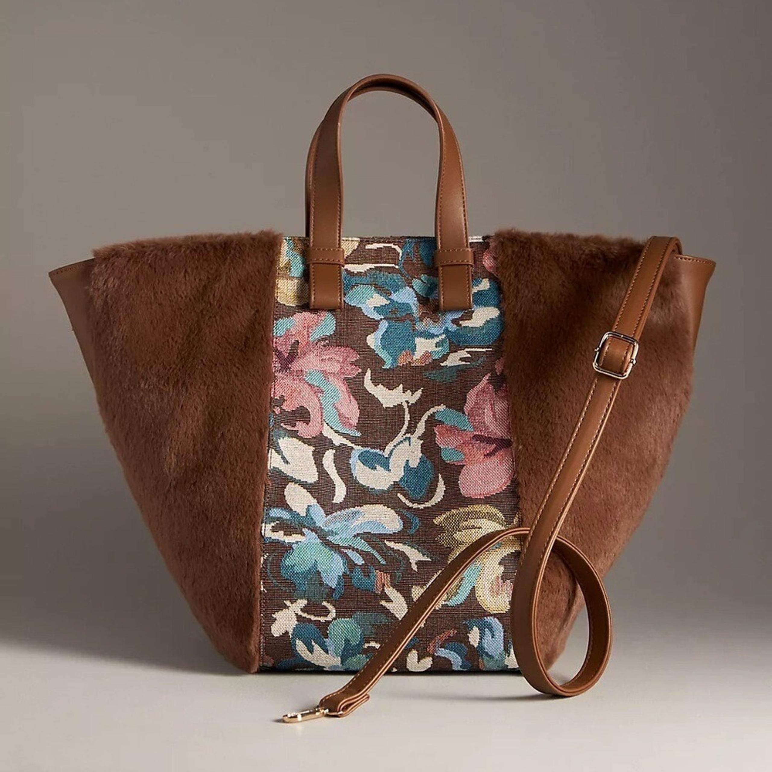 Anthropologie Velvet Two Tone Floral Tapestry Brown Faux Fur Satchel Handbag