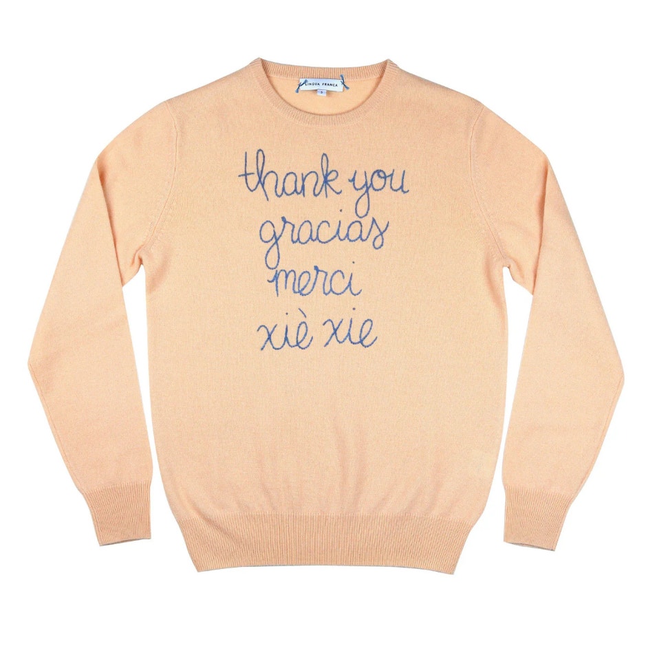 380 Lingua Franca NYC Embroidered 100% Cashmere Peach Tan Sweater SOLD OUT S M