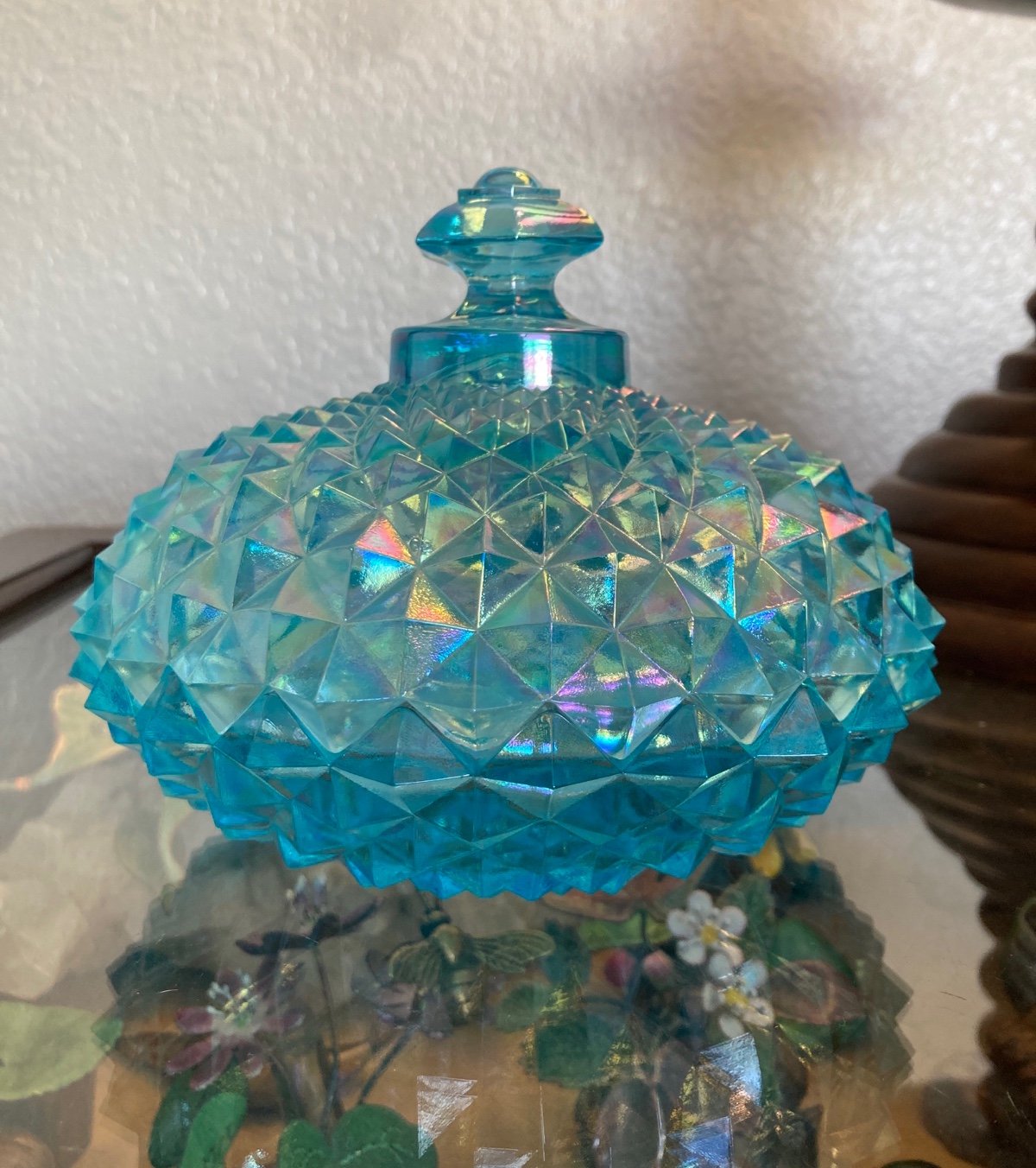 Westmoreland Glass English hobnail candy dish Aqua or Glacier blue iridescent