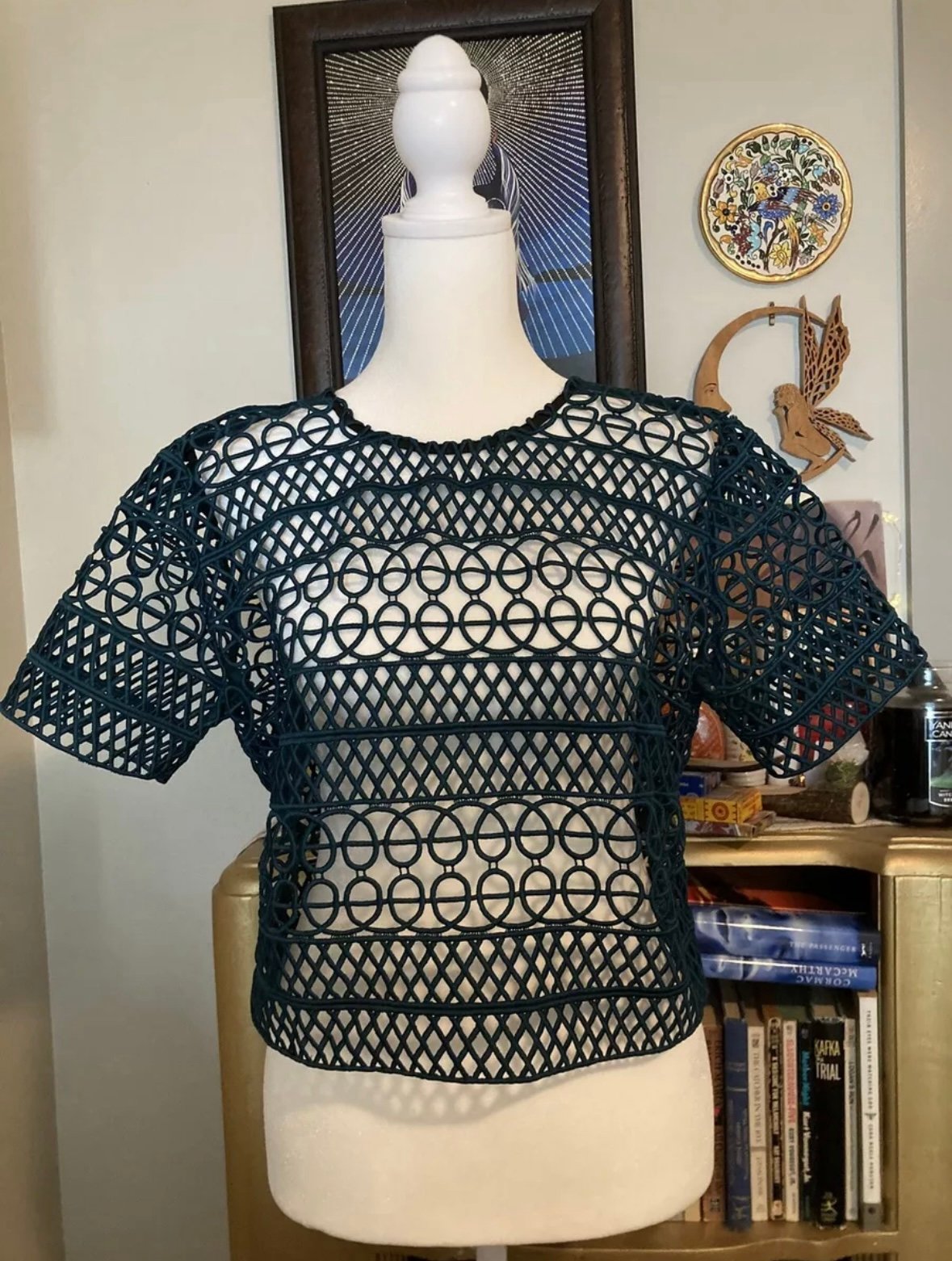 Women's Karina Grimaldi size large teal caged short sleeve button back top
