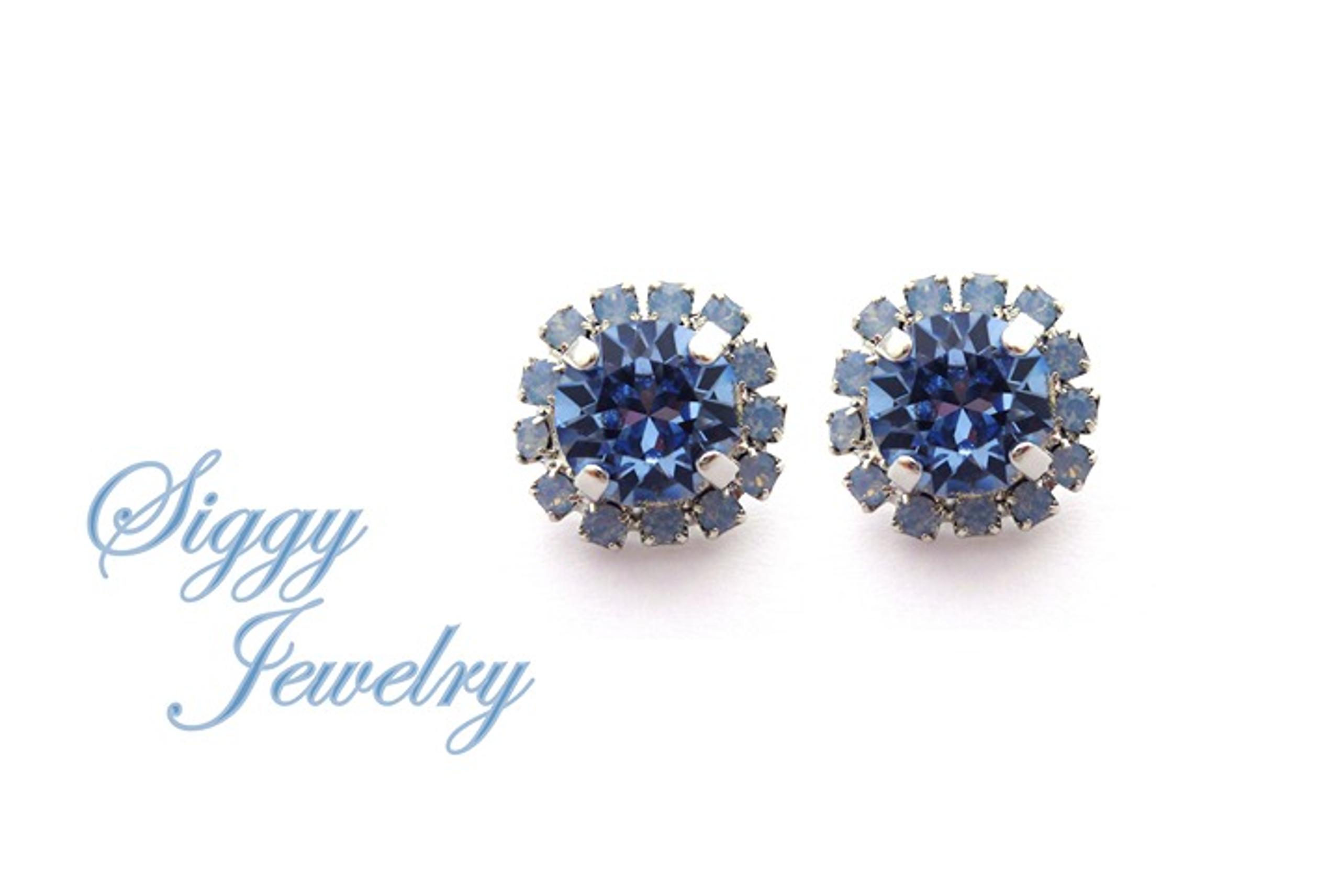 Swarovski Crystal Light Sapphire and Air Blue Opal Halo Stud Earrings