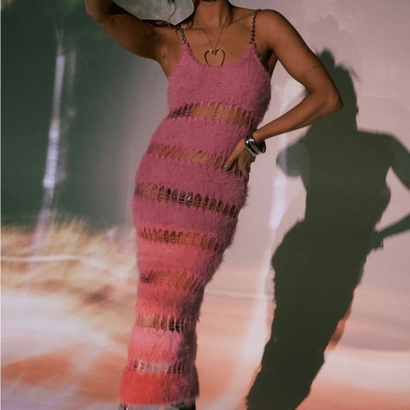THE RAGGED PRIEST Hard Candy Pink Eyelash Maxi Dress