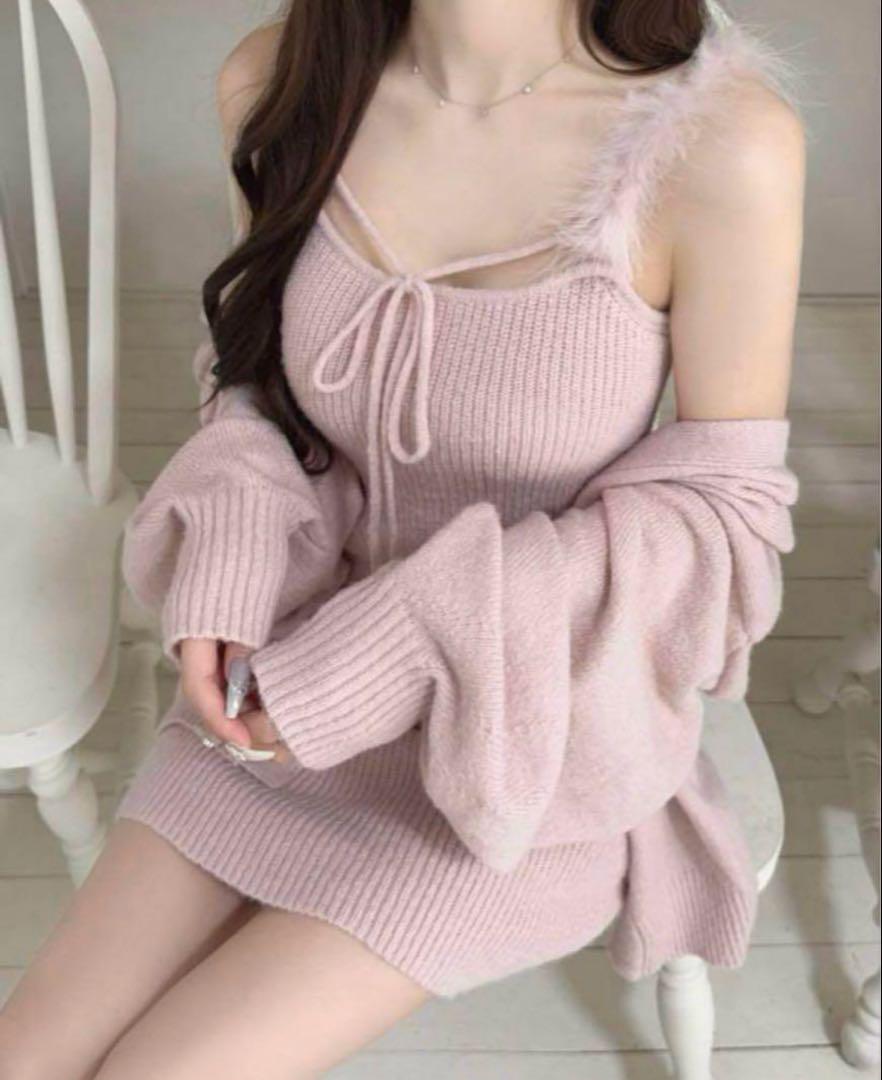 「高評価！」注目のレビュ Lumignon feather ribbon op + cardigan ワンピース