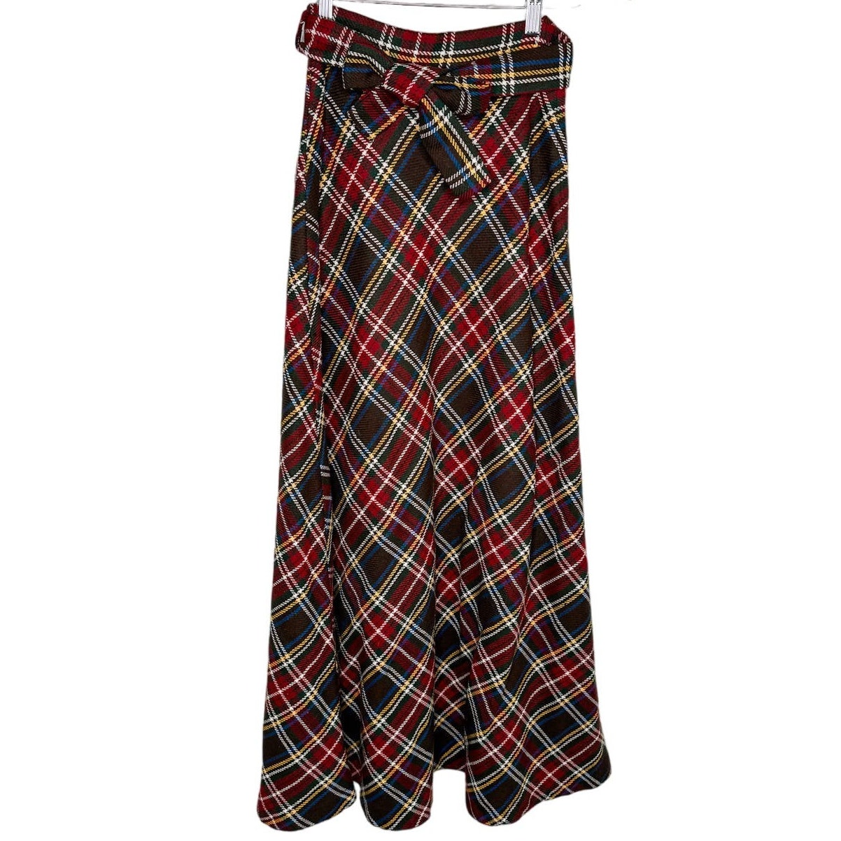 Vintage tartan plaid maxi skirt with sash belt red brown size extra small XS