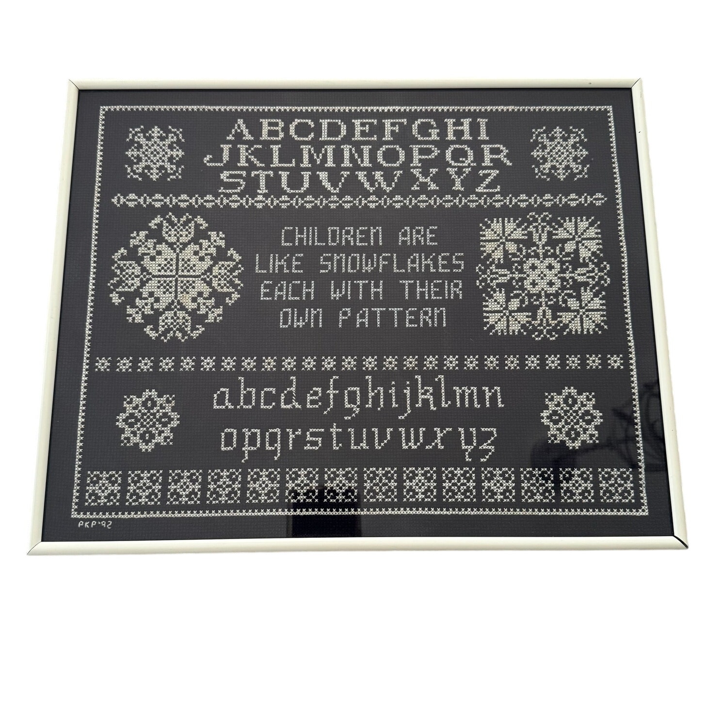 Cross Stitch Sampler Children Are Like Snowflakes Framed Embroidery Blue White