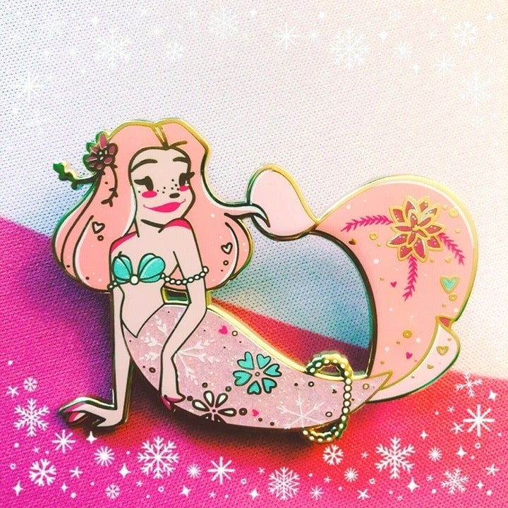 Pink Snowflakes Christmas Mermaids Pin LE; cute, kawaii, holidays, MaxineArt